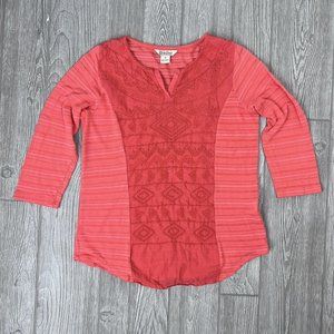 Lucky Brand Long Sleeve Shirt Top BOHO V Neck Lace Stripe Orange Coral Women M